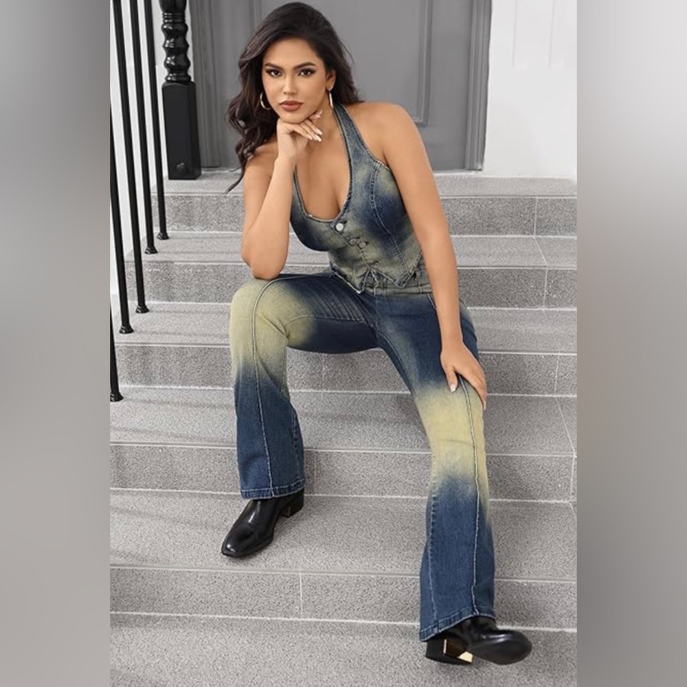 Stylish Halter top 2 piece Denim blue Jean pant set - Picture 2 of 5
